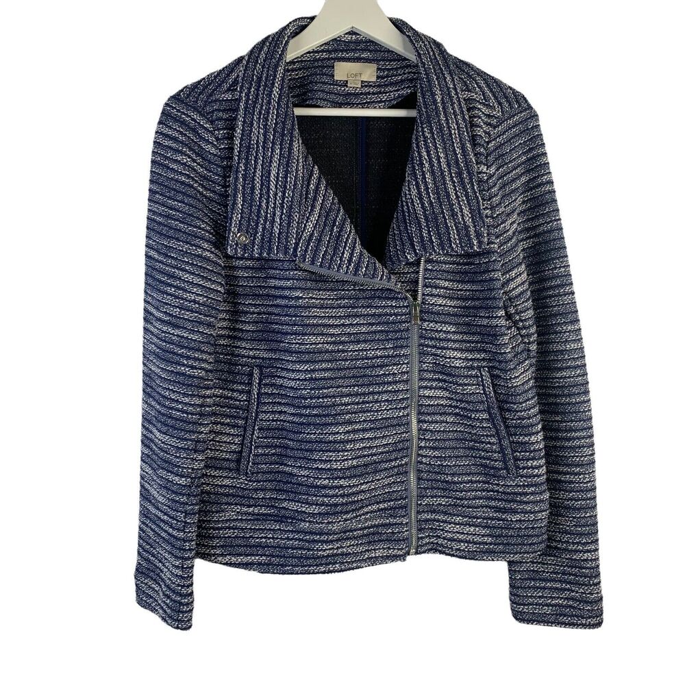 Loft Size M Tweed Knit Jacket Blue Moto Asymmetric Full Zip Long Sleeve Boucle